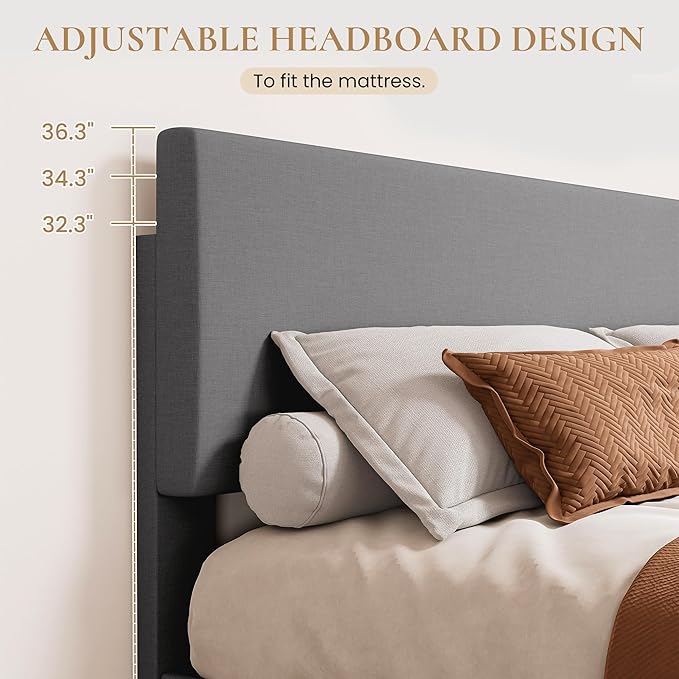 SHA CERLIN Queen Size Platform Bed Frame with Clean Line Fabric & Adjustable Headboard, Wood Slats Support, No Box Spring Needed, Easy Assembly, Light Grey