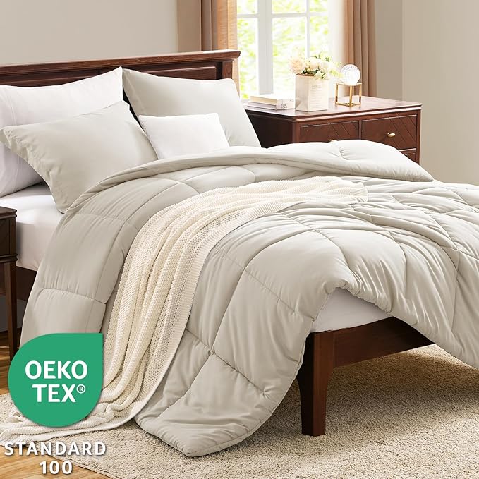 CozyLux Queen Comforter Set - 270GSM Beige Bedding Sets for All Seasons, 3 Pieces Box Stitched Bed Set with 1 Down Alternative Comforter and 2 Pillow Shams, Soft, Lightweight, Breathable