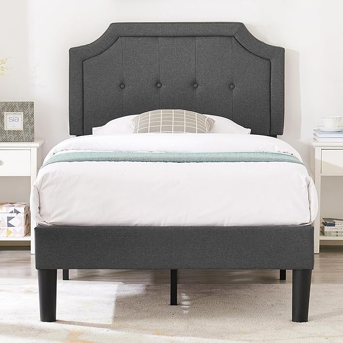 VECELO Twin Upholstered Platform Bed Frame with Adjustable Button Stitched Panel Headboard,Strong Wood Slat Support,Velcro Design,Mattress Foundation/Easy Assembly,Grey