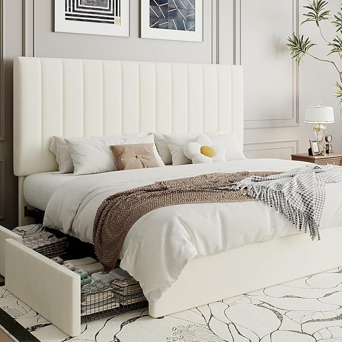 SHA CERLIN King Size Platform Bed Frame with 4 Storage Drawers, Vertical Channel Tufted Adjustable Headboard, Velvet Upholstered, Wooden Slats Support, No Box Spring Needed, Easy Assembly, Cream