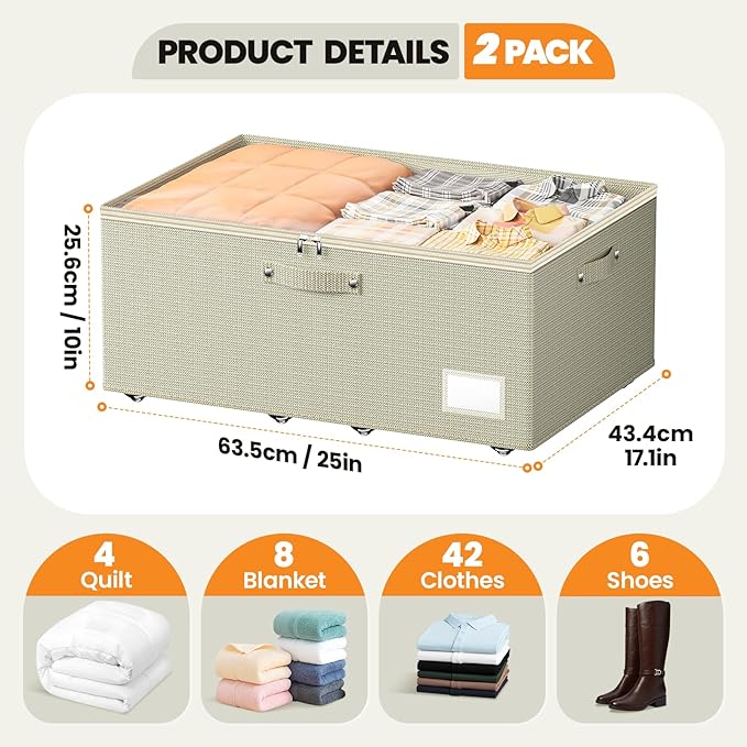 Dayacoco Under Bed Storage With Wheels,10 Inches Under Bed Storage Containers,65L Large Capacity,No Assembly Required Rolling Under Bed Storage for Clothes,Blankets,Shoes,Beige