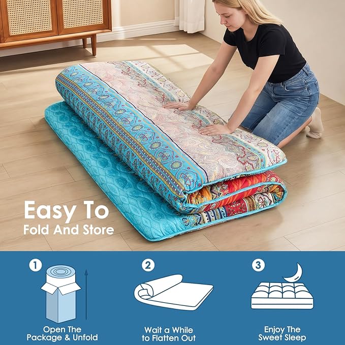 SCHNAUZER HOME Bohemian Japanese Floor Mattress, 3.5" Thicken Boho Floral Pattern Portable Futon Mattress, 100% High-Density Foam Tatami Mat Sleeping Pad for Camping Guest Room Dormitory RV, Twin