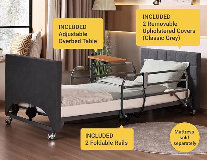Electric Hospital Bed for Home Use – 5 Functions, Advanced German LIMOSS Motor, Ultra-Low 8.5"–25" Adjustable Height, Double Solid Wood Panels with Medical Overbed Table & Foldable Rails