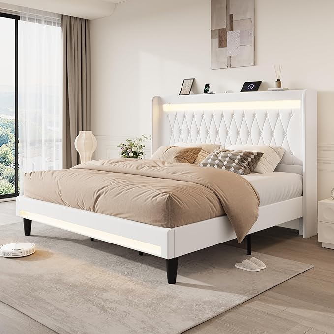 SHA CERLIN King Size LED Bed Frame with Charging Station, Velvet Upholstered Platform Bed with High Wingback Headboard, No Box Spring Needed, Easy Assembly, White