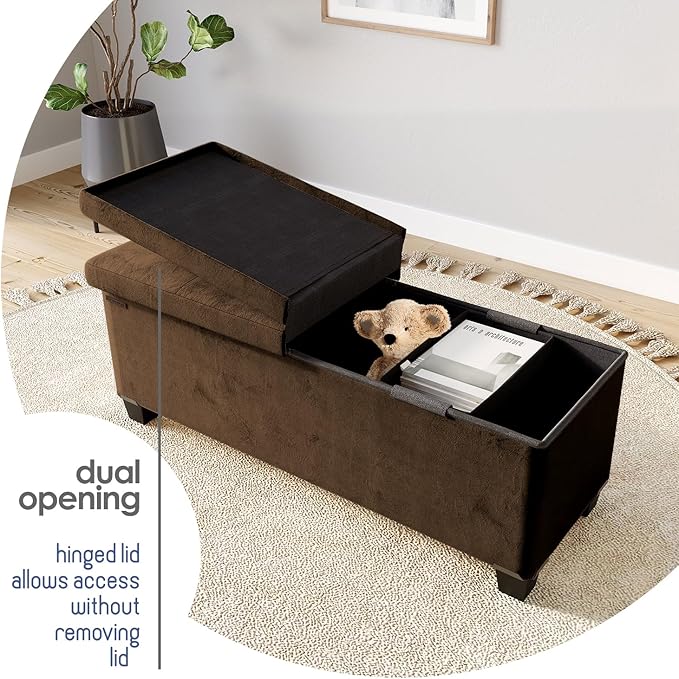 Storage Ottoman Bench with Bins, 43-in Storage Bench for Bedroom End of Bed, Folding Foot Rest Ottoman for Living Room Max 660lbs, Velvet Ottomans, Brown