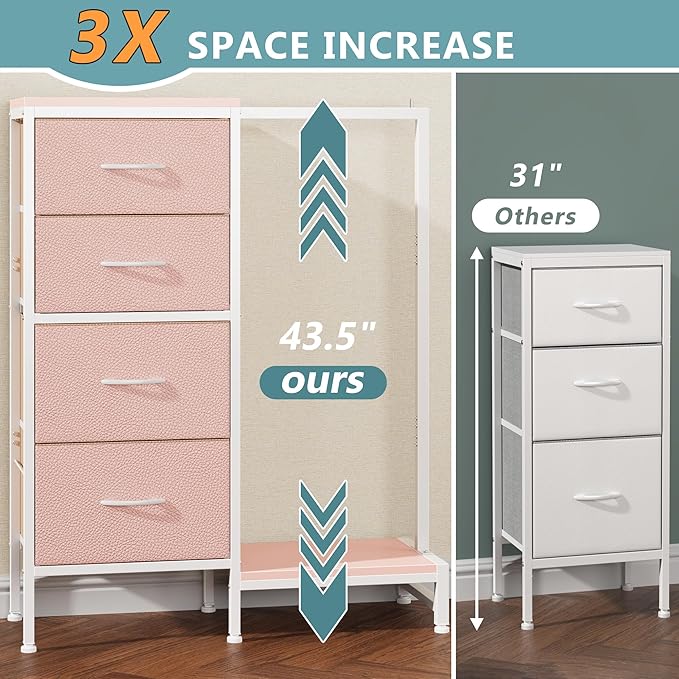 HIGDBFE Dresser with Hanging Rack, 4 Drawers Small Closet for Bedroom, Reversible Fabric Kids Chest of Drawers with Clothes Rack, Tall Storage Tower, Sturdy Frame, Pink, 44''H