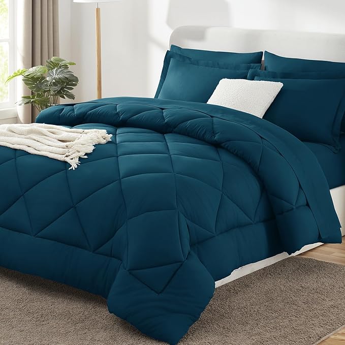 CozyLux Queen Comforter Set Lyons Blue - Bed in a Bag Queen Size 7 Pieces, Luxury Soft Bed Set for All Seasons, Bedding Set with Down Alternative Comforter, Sheets, Pillowcases & Shams