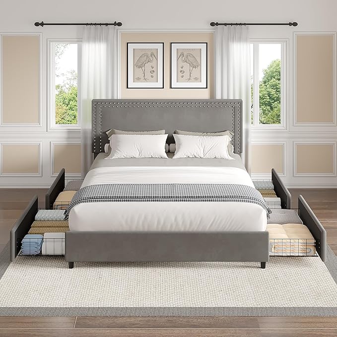 VECELO Full Size Upholstered Bed Frame with 4 Storage Drawers, Adjustable Velvet Rivet Decor Headboard, Wooden Slats Platform Support, No Box Spring Needed, Easy Assembly,Dark Grey