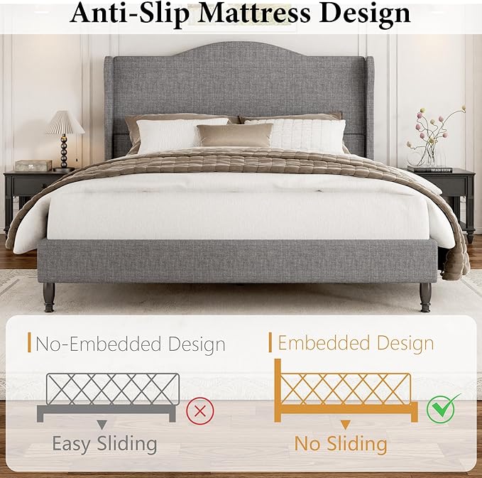 Queen Size Bed Frame with 50.4" Tall Wingback Headboard, Upholstered Platform Bed Frame with Arched Tufted Design, No Box Spring Needed, 1000lbs Heavy Duty Support, Easy Assembly, Light Grey