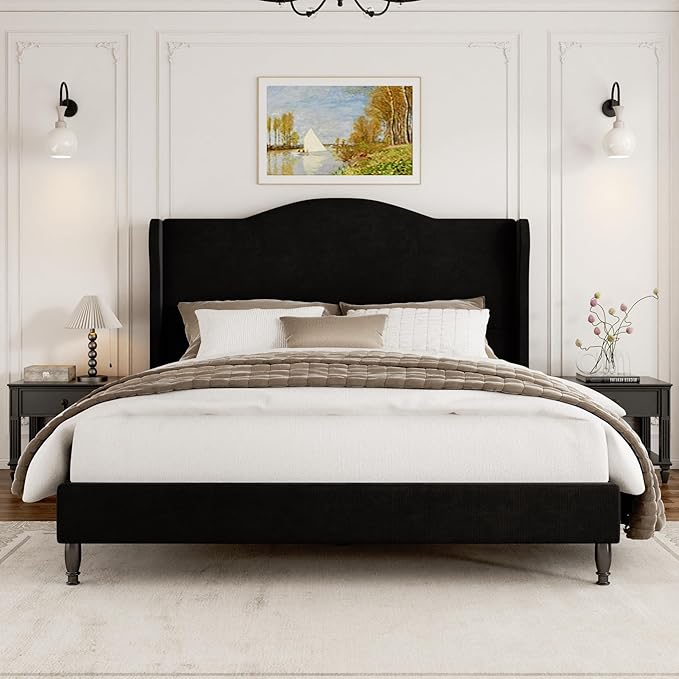 Queen Size Bed Frame with Wingback Headboard, Upholstered Velvet Platform Bed Frame Easy Assemnly, Heavy Duty Wooden Slats Support, Noise-Free, No Box Spring Needed, Minimalist Style, Black