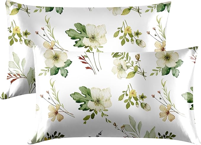 EXQ Home Satin Pillowcase for Hair and Skin Queen - Printed Green Twig Silk Pillow Cases 2 Pack 20x30 inches - Satin Pillow Cases Set of 2 with Envelope Closure, Gifts for Women Men