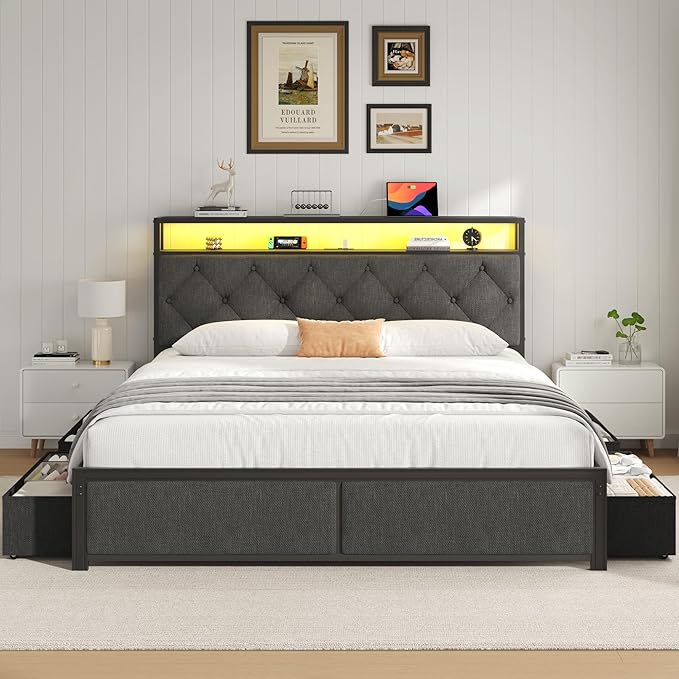 Fluest Queen Bed Frame with 4 Drawers, Upholstered Headboard with Storage, Fast Charging Station, LED Lights, Bed Frame Queen Size with Fabric Drawers, No Box Spring Needed, Easy Assembly, Grey