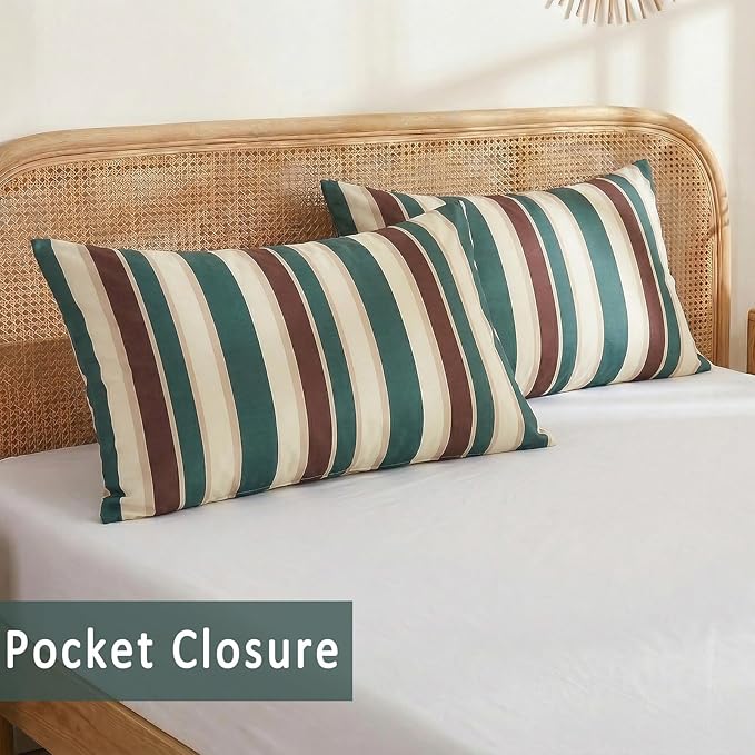 Merryword 100% Cotton Pillow Cases, Queen Size Pillowcases, Green Striped Pillowcases, Luxury Linen Like Pillowcase, Soft Breathable Cabana Stripes Pillow Covers, Set of 2