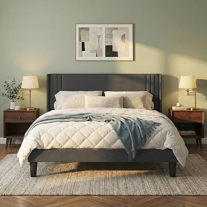 Gizoon Full Bed Frame with Wingback Headboard, Upholstered Platform Bed with Modern Geometric Headboard, Wooden Slats, Noise-Free, No Box Spring Needed