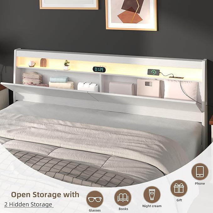 Wooden Headboard Only with Storage, Skirting Groove for Enhanced Stability, Built-in Power Outlet, 2 USB Ports & LED Light - Solid Wood Leg Sturdy Stable Bed Backboard (White, King (U.S. Standard))