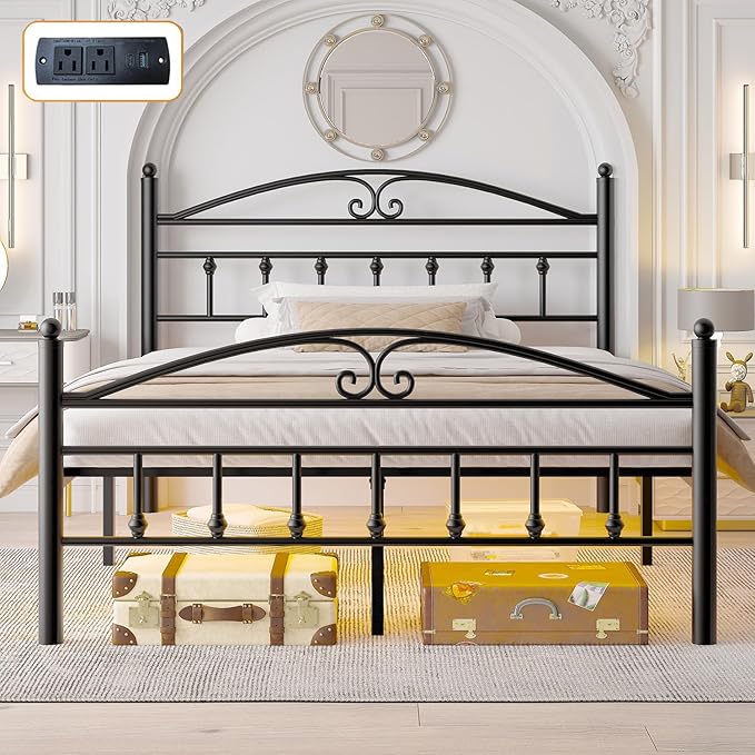 Queen Bed Frame with Headboard,Black Metal Platform Bed Frame Queen Size with LED Lights & Charging Station,Heavy Duty Metal Steel Slats,No Box Spring Needed,Noise Free,Easy to Assemble
