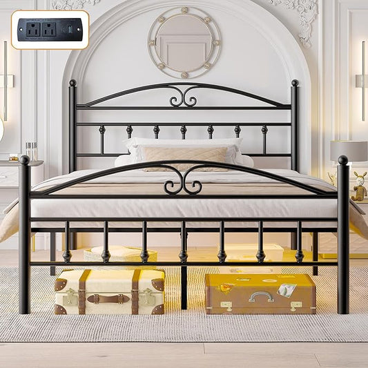 Queen Bed Frame with Headboard,Black Metal Platform Bed Frame Queen Size with LED Lights & Charging Station,Heavy Duty Metal Steel Slats,No Box Spring Needed,Noise Free,Easy to Assemble