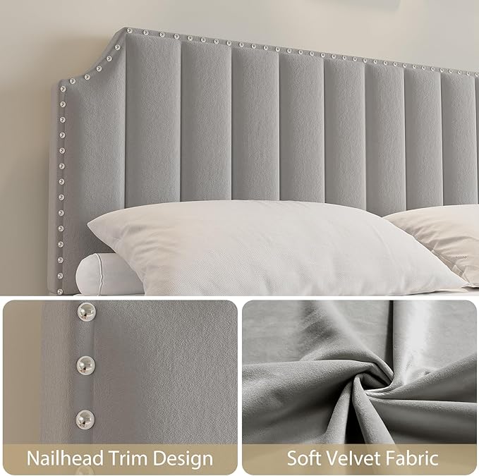 GarveeHome King Size Velvet Bed Frame, 50.2 in Tall Headboard & Footboard, Upholstered Platform King Bed Frame with Nailhead Trim, No Box Spring Needed, Noise Free, Solid Wooden Slats, Grey