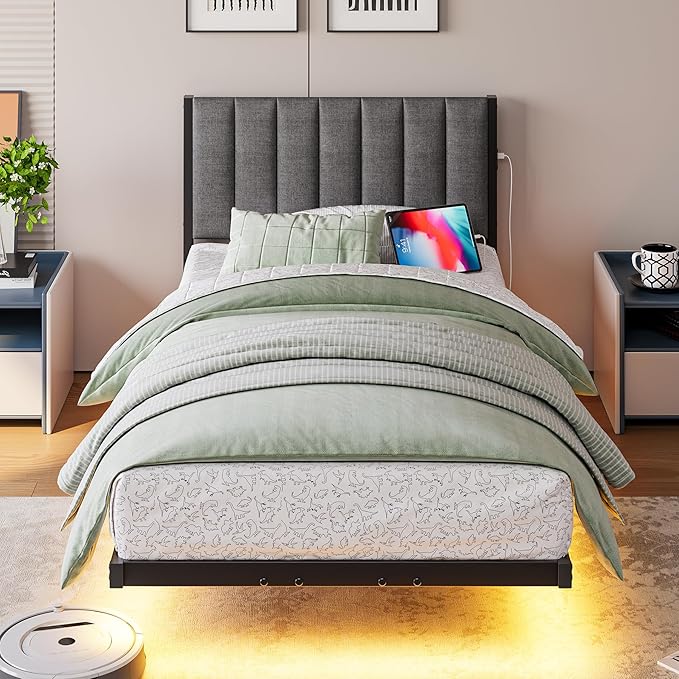 Floating Twin Bed Frame with LED Lights & USB Charging Station,Metal Platform Bed with Strong Slats Support,Floating Bed Frame Twin Size with Upholstered Headboard,Easy Assembly,Noise Free,Gray