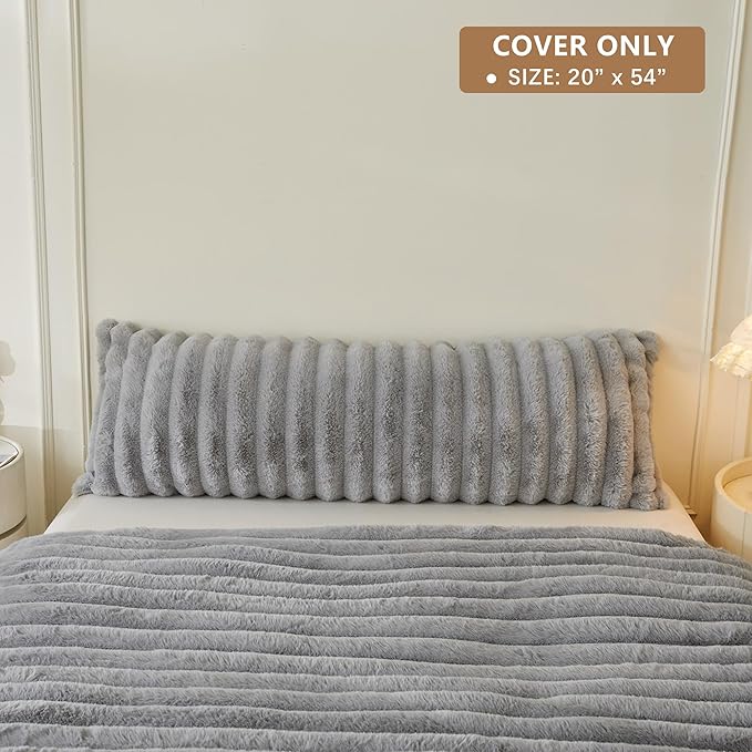MEGO Fluffy Faux Rabbit Fur Body Pillow Cover, Cozy Plush Fuzzy Wide Striped 20x54 Body Pillowcase with Zipper, Home Decorative Shaggy Furry Ribbed Bedroom Long Pillow Cover Bed Couch Sofa, Light Grey