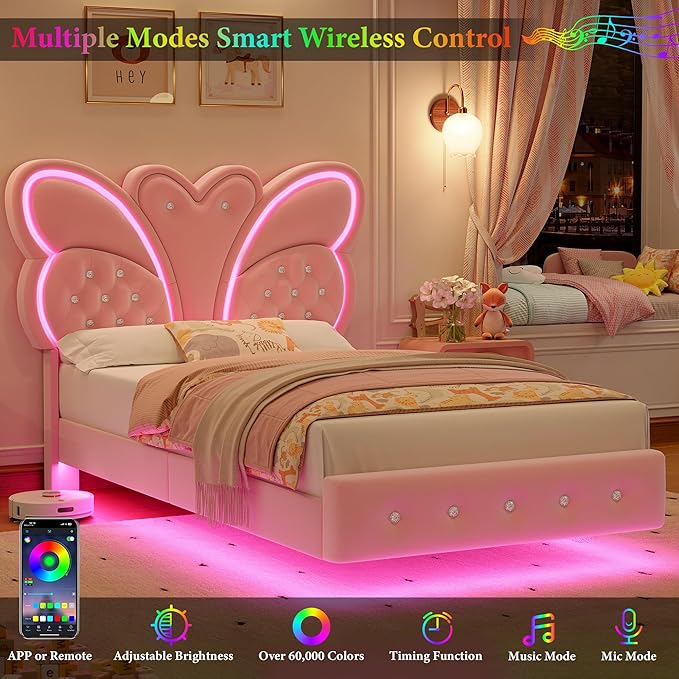 Keyluv Twin Bed Frame Butterfly-Pattern Upholstered Headboard, Modern Floating Bed with LED Lights Button Tufted on Headboard and Footboard, Slats Support No Box Spring Needed, Noise-Free, Pink