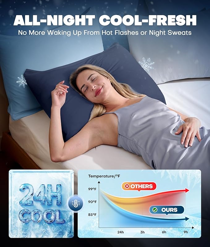 Ultra-Chill Cooling Pillowcase Set of 2 for Hot Sleepers, Softer Than Silk Pillow Cases for Protecting Hair & Skin, Breathable Bed Pillow Covers w/Zipper, Gifts for Women Men (Navy Blue, Queen)
