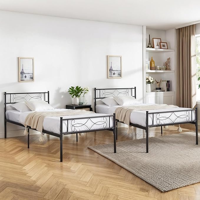 VECELO 2 Set 14" Twin Size Metal Platform Bed Frame with Headboard,Premium Steel Slat Support No Box Spring Needed,Noise-Free Anti-Slip,Easy Assembly