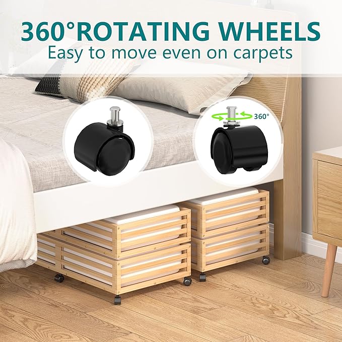 Wisuce Bamboo Under Bed Storage Containers- Underbed Organizer with Wheels with Dust Bag,Sturdy Wood Rolling Under the Bed Shoe Storage Organizer Drawers (Nature, 2 Pack (33.07"×16.54"))