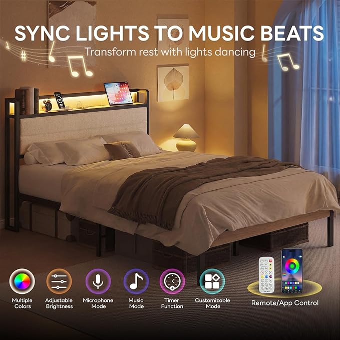 LIKIMIO Full Bed Frame with Storage Headboard and LED Lights, Metal Platform Bed with Charging Station, Noise Free, No Box Spring Needed, Under Bed Storage, Natural and Cream
