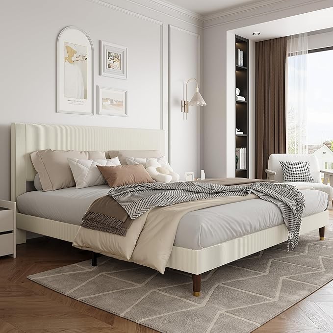 GarveeHome King Size Bed Frame with Upholstered Headboard and Strong Wooden Slats Support, Soft Corduroy Fabric Platform Bed, No Boxing Spring Needed, Easy Assembly, Beige