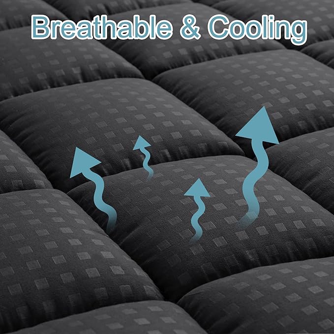 HYLEORY California King Mattress Pad Quilted Fitted Mattress Protector Cooling Pillow Top Mattress Cover Breathable Fluffy Soft Mattress Topper with 8-21" Deep Pocket, Black