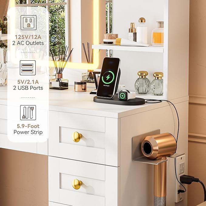 KAMABOKO White Makeup Vanity Desk with Mirror and Lights, Large Vanity Table Set with Charging Station, Dressing Table with RGB Cabinets for Bedroom Dressing Room
