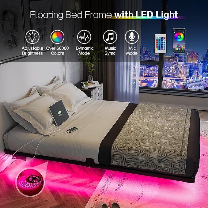 OLEVS Floating Bed Frame Full Size with Smart LED Lights and Charging Station - Modern Metal Platform Bed, Easy Assembly No Box Spring Needed
