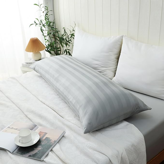 100% Cotton Soft Body Pillow Protectors with Invisible Zipper 20X54 Inches Body Pillow Cases, 600 Thread Count Soft Pillow Cases, Striped Gray Color 1-Pack