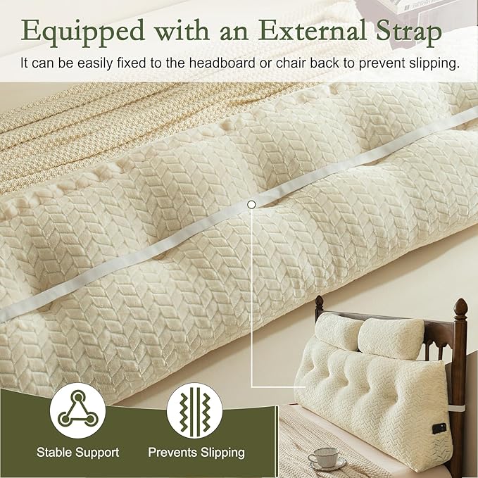 YOUR MOON Wedge Headboard Pillow Full Size, Triangular Wedge Backrest Pillow with 1 Pack Neck Roll Pillows, Headboard Pillow for Bed,Daybed,and Lounging, Large Bed Bolster Pillows,Off White