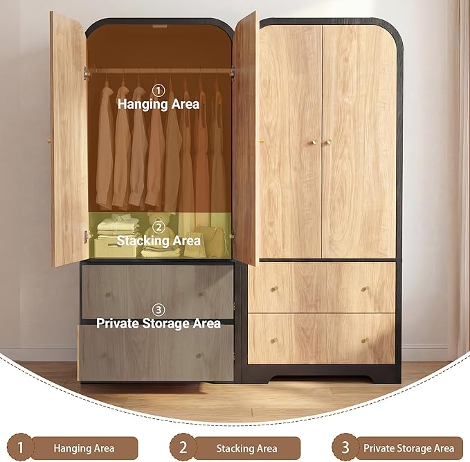 INNOVAR Arched Armoire Wardrobe Closet with 2 Doors,70" Tall Wardrobe Cabinet with 2 Drawers and Hanging Rod,Freestanding Wooden Bedroom Armoires for Bedroom,Gym,Cloak Room,Natural & Black
