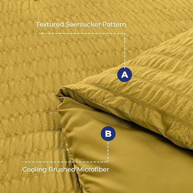 HYMOKEGE Mustard Yellow Duvet Cover Full Size, Ultra Soft 3-Piece Seersucker Duvet Cover Set with Zipper Closure, Soft Brushed Microfiber Bedding Set with 8 Corner Ties (80"x90", 2 Pillowshams)