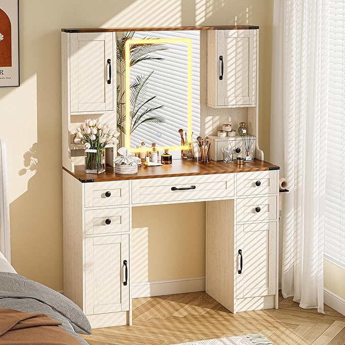 Farmhouse Vanity Desk with Mirror and Lights, Large Makeup Table with 6 Drawers and 4 Storage Cabinets, 3 LED Lights Modes, White Dressing Set for Girls Bedroom
