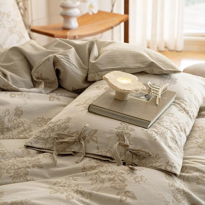 VM VOUGEMARKET Linen Cotton Duvet Cover Set King Retro Monet Flower Bedding Set,Jacquard Yarn-Dyed Textured Comforter Cover with Bowknot-104 x90,Khaki