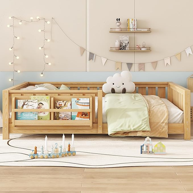 Bellemave Full Size Kids Montessori Bed with Bookshelf,Solid Wood Full Floor Bed Frame with Fence and Slats for Girls Boys,Low-Profile,Light Natural