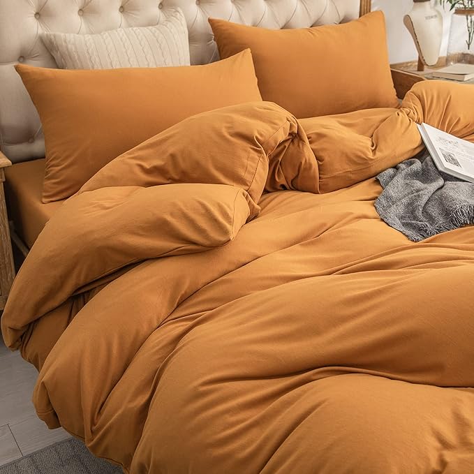 PURE ERA Jersey Knit Duvet Cover Set 100% T-Shirt Cotton Super Soft Comfy 3pc Bedding Set with Zipper Closure (Solid Burnt Orange, Full)