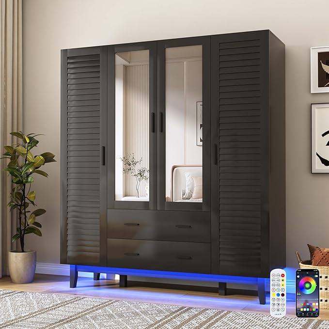 jiteentarou 4 Door Armoire Wardrobe Closet Cabinet with Drawers and LED Lights, Multi-Tier Shelves, Hanging Rod & Louver Doors, Large Capacity Storage Wardrobe Armoire for Bedroom(4 Doors Black)