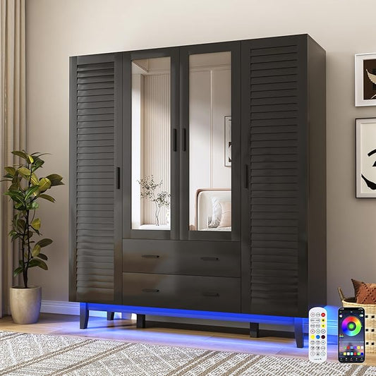 jiteentarou 4 Door Armoire Wardrobe Closet Cabinet with Drawers and LED Lights, Multi-Tier Shelves, Hanging Rod & Louver Doors, Large Capacity Storage Wardrobe Armoire for Bedroom(4 Doors Black)