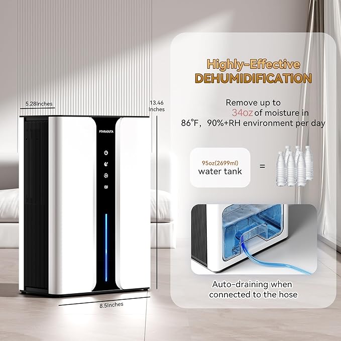 PTHRAOUTA Home Dehumidifier with Drain Hose, (950 sq.ft) 95oz Quiet dehumidifier for Bathroom Bedroom, with Air Reusable Filter Indoor deshumidificador for Basement RV Closet