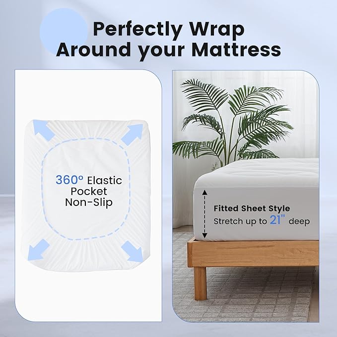 Waterproof Mattress Pad Queen, Quilted Fitted Queen Mattress Topper, Five-Layers Noiseless Mattress Protector Cover with 8"-21" Deep Pocket, Machine Washable, White, 60x80