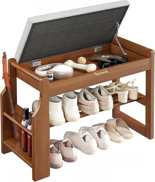 Pipishell 26″ Solid Pine Wood Shoe Rack Bench with Soft Cushion, 2 Tiers Shoe Storage Organizer with Lift-Top Storage and Side Holder, Holds up to 440 lbs, Shoe Bench for Entryway, Hallway, Bedroom