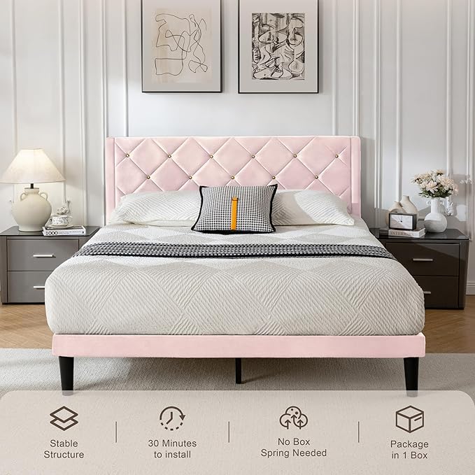 Full Bed Frame with Headboard, Bed Frame Full Size with Sturdy Wooden Slats Support, Platform Frame with Velvet Upholstered Headboard, Mattress Foundation, Easy Assembly, No Box Spring Needed Pink