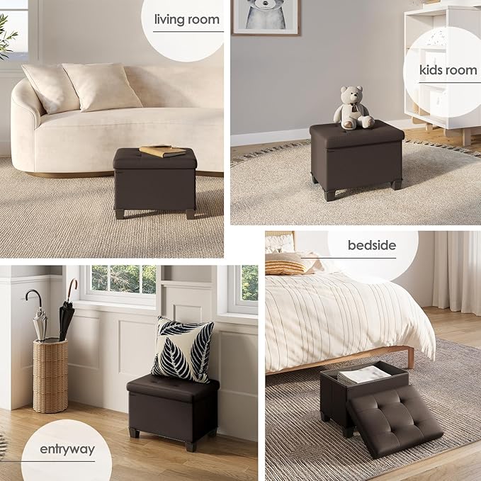 Storage Ottoman Cube with Small Bin, 16-in Square Ottoman with Storage for Living Room and Bedroom, Small Ottomans Foot Rest, Leather Foot Stools Ottomans Max 330lbs, Brown