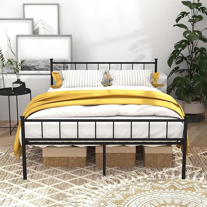 Queen Metal Platform Bed Frame, Victorian Vintage Style, Wrought Iron Headboard, Steel Slats, No Box Spring Needed (Black, Full)
