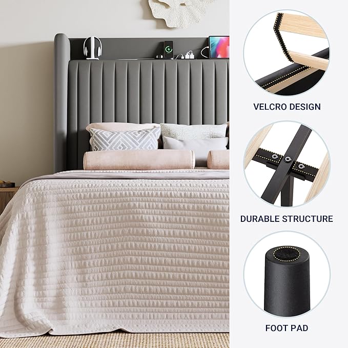 Allewie Queen Size Platform Bed Frame with USB Charging Station and Storage Shelf/Upholstered Velvet Wingback Headboard/Wooden Slats Support/No Box Spring Needed/Easy Assembly, Grey